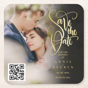 Porta-copo De Papel Quadrado Salvar a Data Foto Código QR Roteiro Dourado 