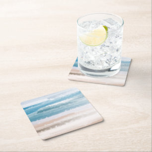Porta-copo De Papel Quadrado Sandy Beach Ocean Waves Abstrato Watercolor