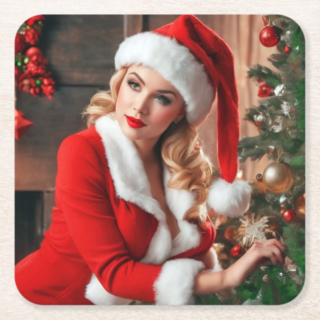 Porta-copo De Papel Quadrado Santa Claus Christmas Pinup Lady (Frente)