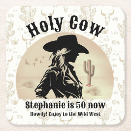 Porta-copo De Papel Quadrado Santa Vaca Engraçada Vintage Cowgirl 50º aniversár