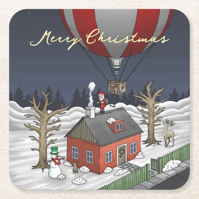 Porta-copo De Papel Quadrado Santa's Hot Air Balloon (Frente)