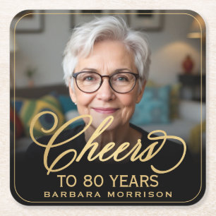Porta-copo De Papel Quadrado Saúde para 80 anos Foto de aniversário Dourada Pre