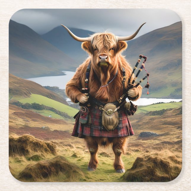 Porta-copo De Papel Quadrado Scottish Highland Cow Bagpiper, (Frente)