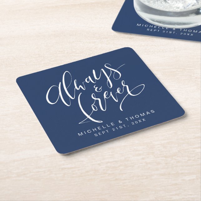 Porta-copo De Papel Quadrado Script do Marinho Blue Modern Always and Forever (Inclinado)