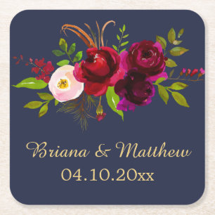 Porta-copo De Papel Quadrado Script Elegante Floral Burgundy em Azul Marinho