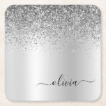 Porta-copo De Papel Quadrado Script Girly Sparkle Glitter Monograma de Silver<br><div class="desc">Portas copos De Papel Com Nome Monograma De Folha De Silver Faux Folha Metálica Glitter De Farelo Brugado De Metal Monograma. Isso faz a formatura perfeita, aniversário, casamento, chá de panela, aniversário, chá de fraldas ou presente de festa de solteira para alguém que ama luxo de vidro e estilos quíticos....</div>