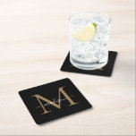 Porta-copo De Papel Quadrado Script Moderno Elegante de Monograma Dourado Negra<br><div class="desc">Dourado Monograma Elegante de Escrita Moderna Elegante Negra</div>