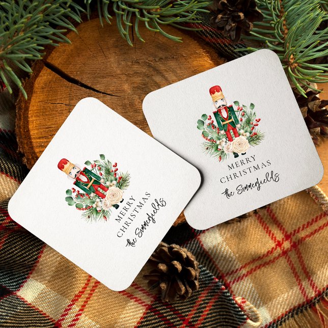 Porta-copo De Papel Quadrado Script Nutcracker de Férias de Natal (Christmas Nutcracker Red Berries Square Coasters)