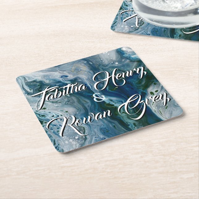 Porta-copo De Papel Quadrado Sea Blues Alcohol Ink Paint Elegant Wedding  (Inclinado)