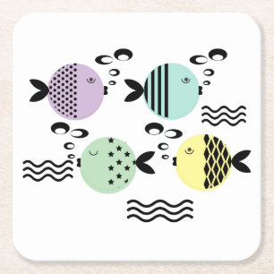 Porta-copo De Papel Quadrado Seamless fish abstract scandinavian modern marine