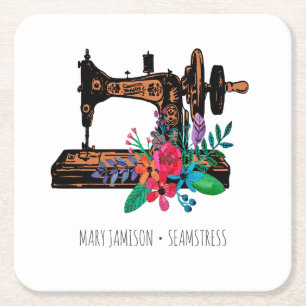 Porta-copo De Papel Quadrado Seamstress Tailor Vintage Sewing Machine Floral Sq