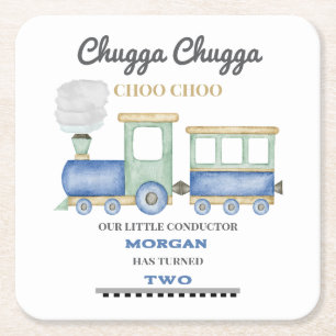 Porta-copo De Papel Quadrado Segundo aniversário de menino Blue Train Chugga Ch