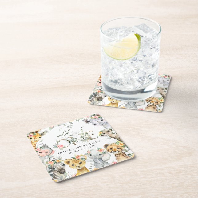 Porta-copo De Papel Quadrado Selva, Safari, Flores, Primeiro Aniversário (Insitu)