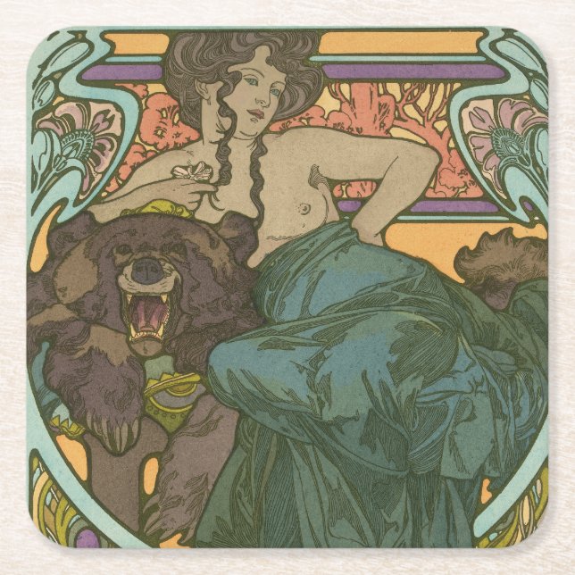 Porta-copo De Papel Quadrado Sem título por Alphonse Mucha (1902) (Frente)
