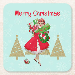 Porta-copo De Papel Quadrado Senhorita de Natal Vintage Presentes Vermelho Verd