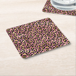 Porta-copo De Papel Quadrado Série de Design Leopardo Rosa e Dourado 15