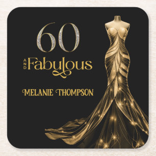 Porta-copo De Papel Quadrado Sessenta e Fabuloso Vestido Dourado Preto Aniversá
