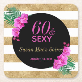 Porta-copo De Papel Quadrado Sessenta e sexy Black Dourada 60ª Festa de anivers