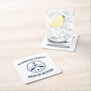 Porta-copo De Papel Quadrado Seu nome da família da casa da praia Anchor Oars 