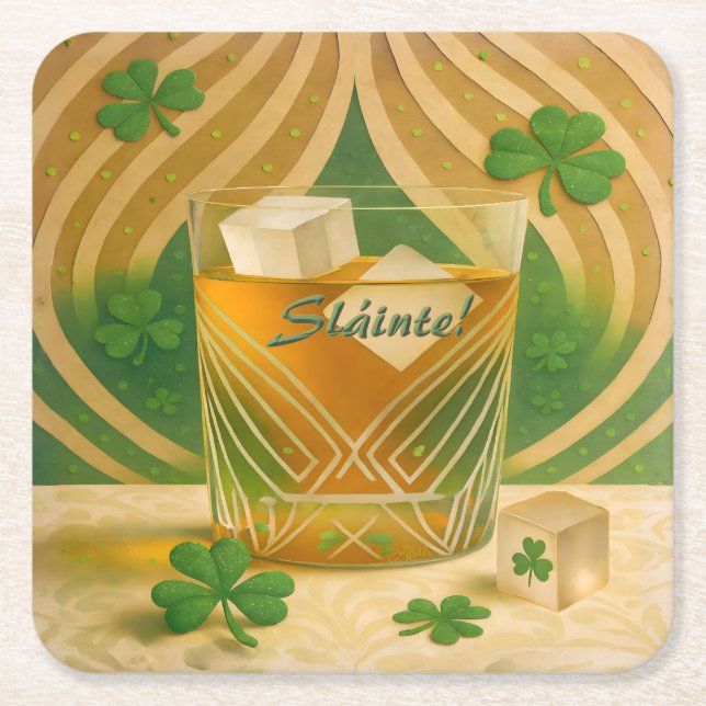 Porta-copo De Papel Quadrado Shamrocks Irish Whiskey Tumbler "Sláinte!" (Frente)