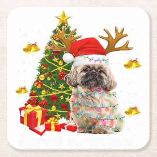 Porta-copo De Papel Quadrado Shih Tzu Christmas Lights Tree | Santa Xmas