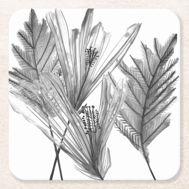 Porta-copo De Papel Quadrado Silhueta Floral - Cinza (Frente)