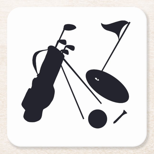 Porta-copo De Papel Quadrado Silhuetas pretas de golfe em branco (Frente)