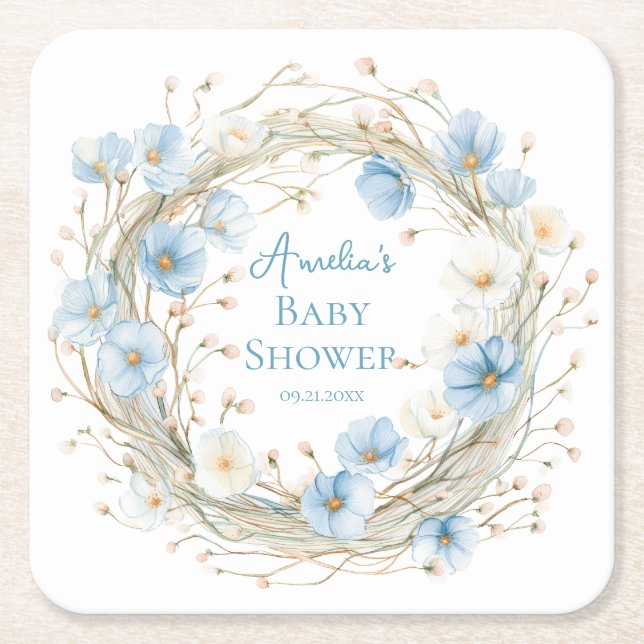 Porta-copo De Papel Quadrado Silly Goose Blue Wildflower Baby Shower Paper Coas (Frente)