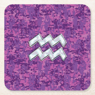 Porta-copo De Papel Quadrado Símbolo Aquarius Zodiac no fuchsia digital camo