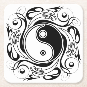 Porta-copo De Papel Quadrado Símbolo Yin & Yang Preto e Branco Estilo Tatuagem