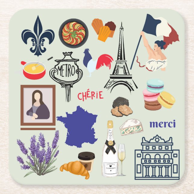 Porta-copo De Papel Quadrado Símbolos da França (Frente)