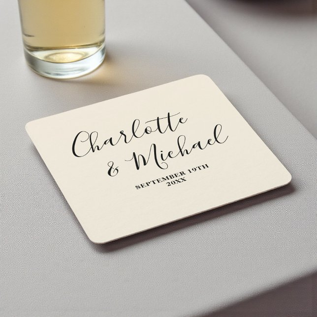 Porta-copo De Papel Quadrado Simple Natural White Script Minimalist Wedding (Criador carregado)