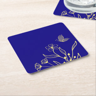 Porta-copo De Papel Quadrado Simples flores de ouro elegantes casamento azul re