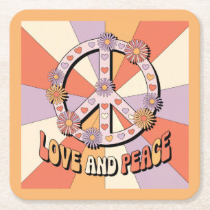 Porta-copo De Papel Quadrado Sinal de Flores de Paz e Amor