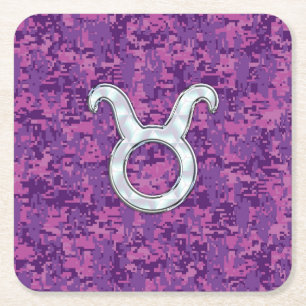 Porta-copo De Papel Quadrado Sinal de Péro Zodíaco em Camo Digital Rosa