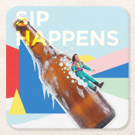 Porta-copo De Papel Quadrado Sip Happens Fun Retro Coaster