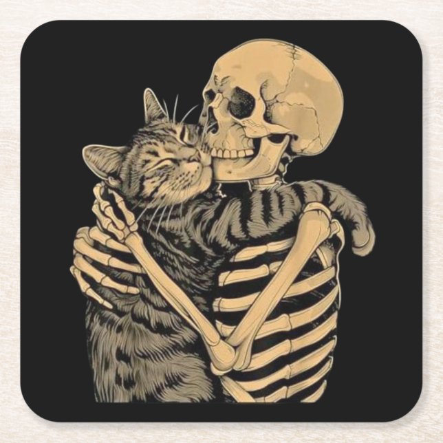 Porta-copo De Papel Quadrado  Skeleton Hugging Cat – Cute Gothic Cat Lover Gift (Frente)