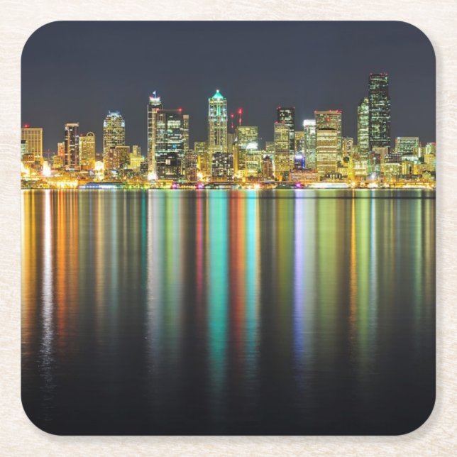 Porta-copo De Papel Quadrado Skyline de Seattle na noite com reflexão (Frente)