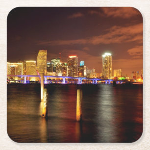 Porta-copo De Papel Quadrado Skyline na noite, Florida de Miami