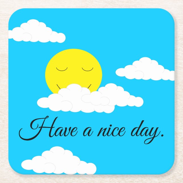 Porta-copo De Papel Quadrado Smiling Sun with Puffy Clouds: (Frente)