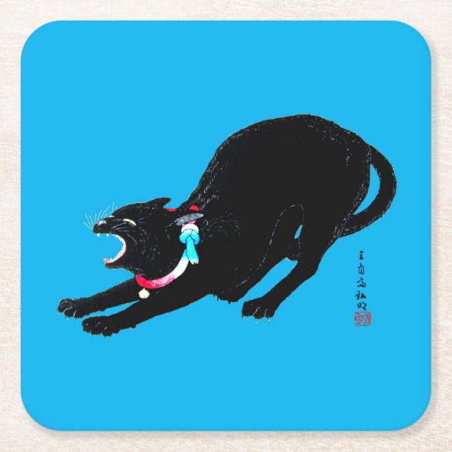 Porta-copo De Papel Quadrado Snarling Hissing Black Japan Cat (Frente)