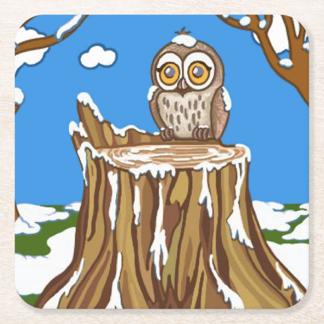 Porta-copo De Papel Quadrado Snowflake, a Coruja (Frente)