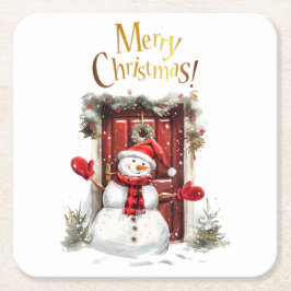 Porta-copo De Papel Quadrado Snowman Dourado Feliz Texto de Natal