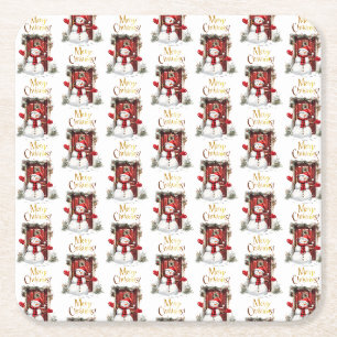 Porta-copo De Papel Quadrado Snowman Dourado Feliz Texto de Natal