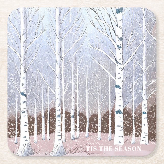 Porta-copo De Papel Quadrado Snowy Birch Trees Christmas Dusty Blue ID1003 (Frente)