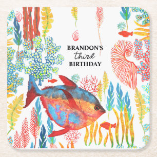 Porta-copo De Papel Quadrado Sob o Mar Animais Marinhos Aquarela Aniversário