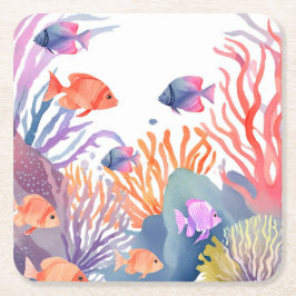 Porta-copo De Papel Quadrado Sob o Mar de Coral-Reef Watercolor