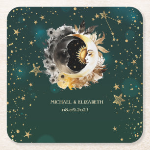 Porta-copo De Papel Quadrado Sol Celestial E Flores De Lua Estrelas Verde