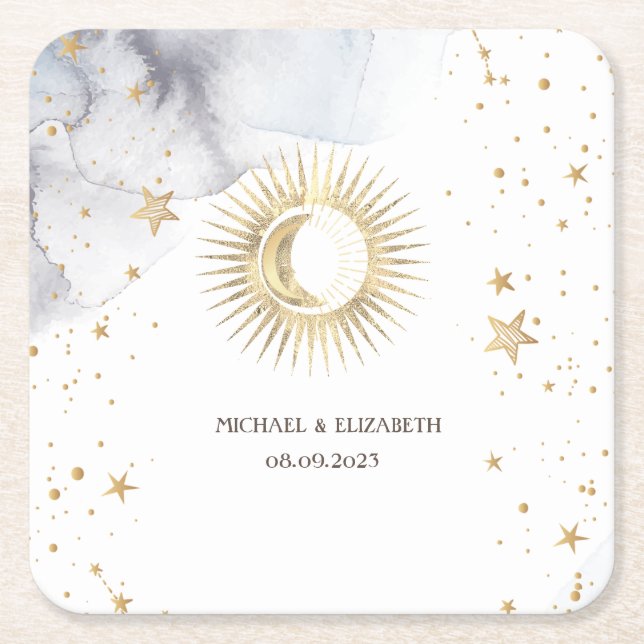 Porta-copo De Papel Quadrado Sol Celestial,Lua,Estrelas (Frente)