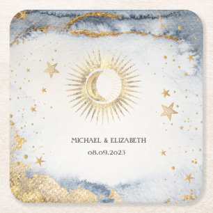 Porta-copo De Papel Quadrado Sol Celestial,Lua,Estrelas Aquarela